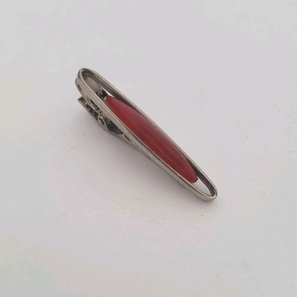 Cabochon Carnelian Agate Red Silver Bar Clip Tac Clasp Retro Vintage Small Short